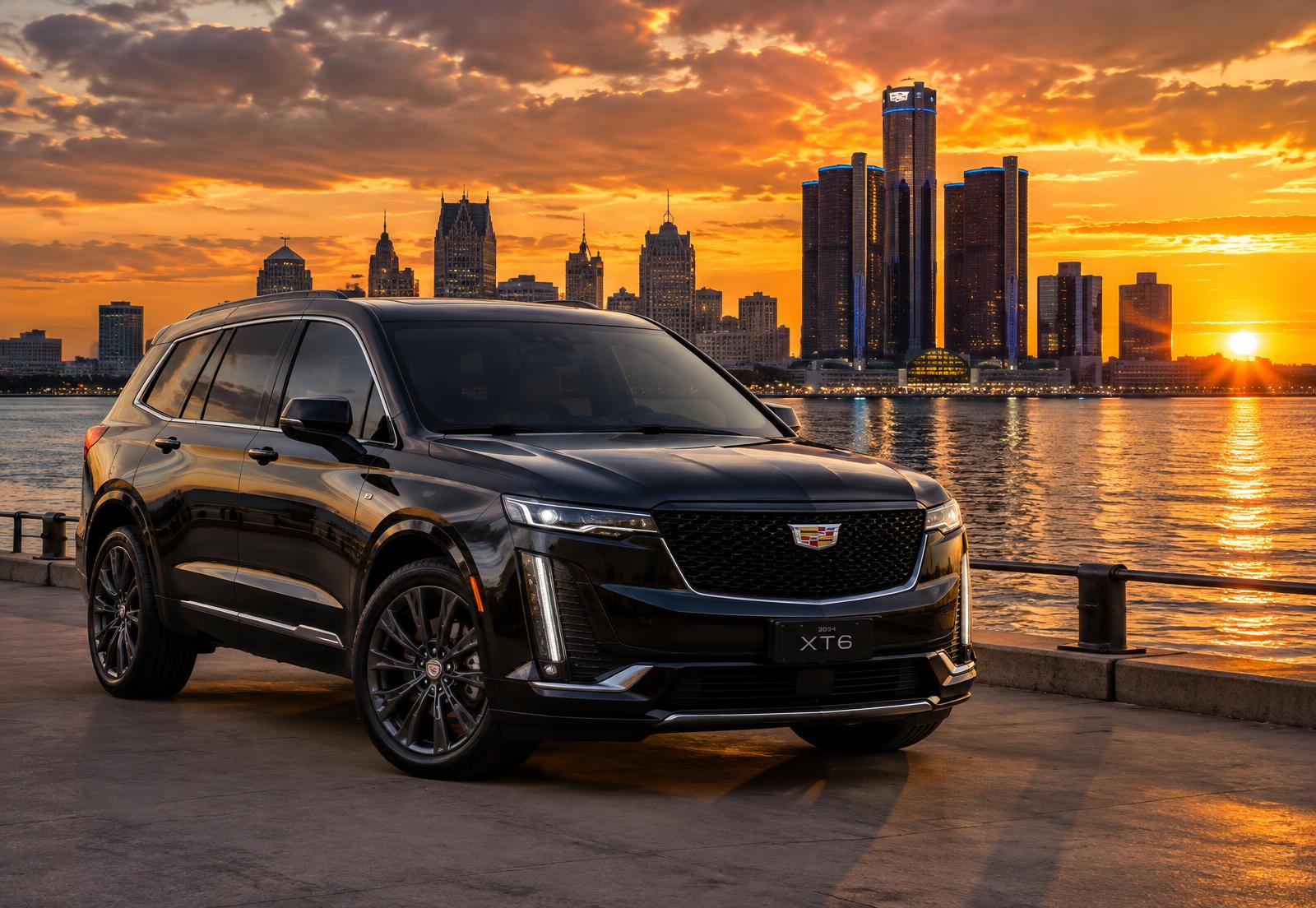2024 Cadillac XT6 luxury SUV with Detroit skyline